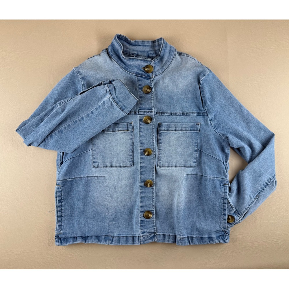 Boho Denim Chore Jacket Mock Neck Button Up XL Angels Forever Young